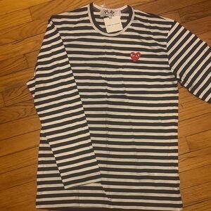 Comme des Garcons Black and White Striped Shirt with Red Heart